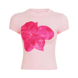 Bonnyshow  Y2K Pink Floral Print T-shirt Stylish Cute O-neck Fitted Crop Top Women Streetwear Short Sleeve Tee Casual Outfits