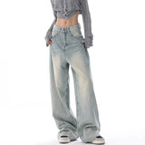 Bonnyshow Autumn Winter New High Waisted Jeans Women Button Full Length Wide Leg Denim Pants Fashion Vintage Y2K Light Blue Loose Trousers