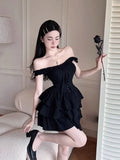 Bonnyshow   Gothic Lolita Kawaii Slip Dress Soft Girl Goth Harajuku Off Shoulder Backless Sexy Black Ruffles Party Dresses Y2k