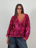 Bonnyshow  Retro Large Sequins Lace Up Shirt Women Fashion Glitter Loose Solid V-neck Open Shirts Coat Female 2025 Chic Street Outwear