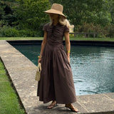 Bonnyshow  Solid Pleated Short Sleeve Women Dress Minimalist Waist Loose Skirt 2025 Summer Casual Female Vestido Daily Commuting Lady Robe