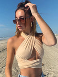 Bonnyshow Women Strappy Cross Over Front Cut Out Halter Neck Sleeveless Backless Wrap Crop Top Bandage Vest Summer Sexy Tops Woman Clothes