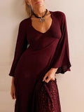Bonnyshow  Women Lace Embroidery Crochet Hooks Long Dresses Sexy V Neck Hollow A-Line Party Dress Spring Autumn Flare Sleeve Tie-up Vestido