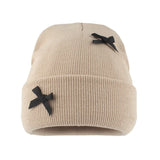 Bonnyshow Y2K Bow Knitted Beanie Hat for Women Autumn Winter Warm Skullies Cap Sweet Solid Color Bowknot Girls Pullover Hats
