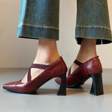 Bonnyshow  Retro Simple Cross Elastic High-heels Women Shoes Temperament Versatile Pumps Shoes Solid Color Square Head Women Shoes