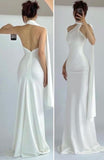 Bonnyshow Simple Mermaid High Neckline White Party Dress Long Prom Dresses SD1462