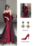 Bonnyshow Classy Mermaid Off The Shoulder Burgundy Long Party Dress Sequin Prom Dresses SD1799