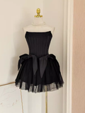 Bonnyshow Cute A line Strapless Black Travel Vacation Dresses Short Satin Birthday Dress SD147