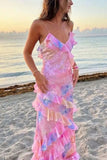 Bonnyshow Sexy Mermaid Spaghetti Straps Floor Length Floral Pink Chiffon Evening Dress Lace Prom Dresses S1707