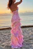 Bonnyshow Sexy Mermaid Spaghetti Straps Floor Length Floral Pink Chiffon Evening Dress Lace Prom Dresses S1707