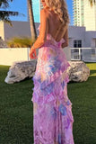 Bonnyshow Sexy Mermaid Spaghetti Straps Floor Length Floral Pink Chiffon Evening Dress Lace Prom Dresses S1707