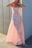 Bonnyshow Pretty A Line Spaghetti Straps Floral Pink Lace Evening Prom Dresses SD1708