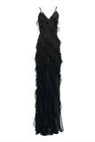 Bonnyshow Sexy Mermaid Spaghetti Straps Chiffon Black Backless Prom Dresses SD1711