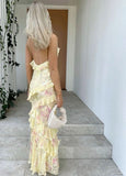 Bonnyshow Sexy Mermaid Spaghetti Straps Floor Length Floral Yellow Chiffon Evening Dress Lace Prom Dresses SD1707