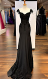 Bonnyshow Sexy Mermaid Straps Chiffon Black Lace Evening Dress Prom Dresses SD1714