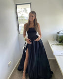 Bonnyshow Pretty A Line Strapless Black Satin Evening Dress With Split Prom Dresses SD1715