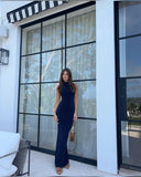 Bonnyshow Pretty Sheath High Neckline Navy Blue Satin Evening Dress Prom Dresses SD1720