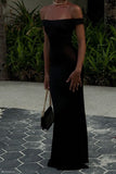 Bonnyshow Pretty Sheath Off The Shoulder Black Satin Evening Dress Prom Dresses SD1721