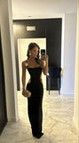 Bonnyshow Pretty Sheath Straps Black Long Evening Dress Prom Dresses SD1724