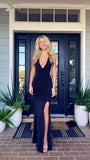 Bonnyshow Pretty Sheath Spaghetti Straps Black Slit Long Evening Dress Prom Dresses SD1729