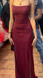 Bonnyshow Pretty Sheath Spaghetti Straps Burgundy Slit Long Evening Dress Prom Dresses SD1731