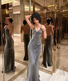 Bonnyshow Charming Satin Mermaid Long Party Dress Graduation Gown Gray Prom Dress Evening Dress SD1735