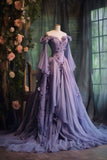 Bonnyshow Retro Ball Gown Off The Shoulder Lilac Tulle Flowers Evening Dress Prom Dresses SD1739