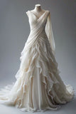 Bonnyshow Princess Ball Gown V Neckline Pleats White Chiffon Wedding Dresses SD1741