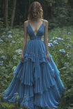 Bonnyshow Retro Ball Gown Spaghetti Straps Blue Chiffon Long Evening Dress Prom Dresses SD1744