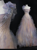 Bonnyshow Retro Ball Gown One Shoulder Ruffles Tulle Long Evening Dress Prom Dresses SD1745
