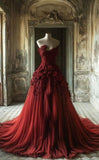 Bonnyshow Retro Ball Gown Off The Shoulder Tulle Floral Party Dress Burgundy Prom Dress Evening Dress SD1748