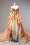 Bonnyshow Retro Ball Gown Off The Shoulder Orange Chiffon Ombre Evening Dress Prom Dresses SD1750