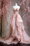 Bonnyshow Retro Ball Gown Spaghetti Straps Pink Floral Tulle Evening Dress Prom Dresses SD1752