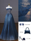 Bonnyshow Retro Ball Gown Strapless Neckline Sequin Blue Party Dress Long Prom Dress Evening Dresses SD1754