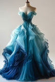 Bonnyshow Retro Light Off The Shoulder Tulle Blue Party Dress Prom Dress Evening Dress SD1755