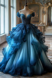 Bonnyshow Retro Light Off The Shoulder Tulle Blue Party Dress Prom Dress Evening Dress SD1756
