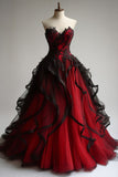 Bonnyshow Retro Ball Gown Sweetheart Tulle Red Party Dress Black Prom Dress Evening Dress SD1759