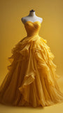 Bonnyshow Retro Ball Gown Sweetheart Tulle Yellow Party Dress Prom Dress Evening Dress SD1762