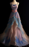 Bonnyshow Retro Ball Gown Straps Layers Ombre Pink Party Dress Long Prom Dresses Evening Dress SD1765