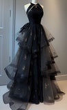 Bonnyshow Retro Ball Gown Scoop Neckline Black Tulle Party Dress Prom Dresses Evening Dress SD1767