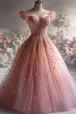 Bonnyshow Aesthetic Ball Gown Off The Shoulder Pink Tulle Party Dress Long Prom Dress Evening Dresses SD1768