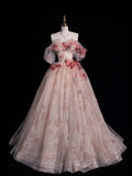 Bonnyshow Aesthetic Ball Gown Off The Shoulder Pink Lace Party Dress Long Prom Dress Evening Dresses SD1772