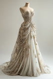 Bonnyshow Princess Ball Gown Sweetheart Neckline Pleats White Sequin Wedding Dresses SD1774