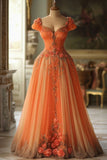 Bonnyshow Aesthetic Ball Gown Sweetheart Orange Chiffon Floral Evening Dress Long Prom Dresses SD1779