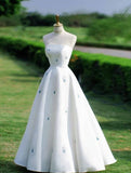 Bonnyshow Aesthetic Ball Gown Strapless White Satin Long Evening Dress Prom Dresses SD1780