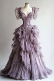 Bonnyshow Retro Ball Gown Sweetheart Layers Lilac Tulle Party Dress Long Prom Dresses Evening Dress SD1782