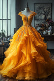 Bonnyshow Aesthetic Ball Gown Off The Shoulder Yellow Tulle Party Dress Long Prom Dresses Evening Dresses SD1784