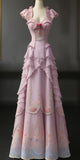 Bonnyshow Retro Ball Gown Sweetheart Layers Pink Party Dress Long Prom Dresses Evening Dress SD1785