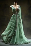 Bonnyshow Aesthetic Ball Gown V Neckline Green Tulle Party Dress Long Prom Dresses Evening Dresses SD1787