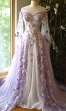 Bonnyshow Aesthetic Ball Gown Off The Shoulder Tulle Lilac Party Dresses Long Prom Dress Evening Dresses SD1793